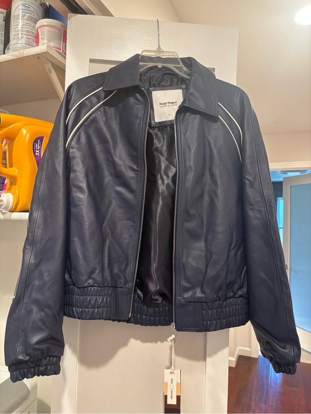 Nude Project Navy Leather Bomber Jacket with White Piping